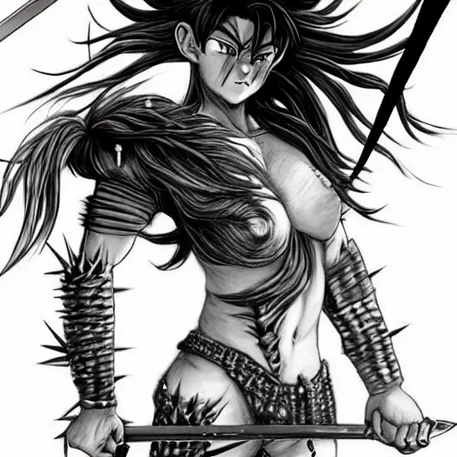 Image similar to realistic art style, warrior girl, muscular girl, wild spiky black saiyan hair, long spiky hair, electrified hair, holding scimitar made of bone, scimitar, sword, jagged sword, curved sword, orkish sword, colorized, gray skin, hyper - detailed, primeval fantasy, prehistoric fantasy, art by jacques - louis david