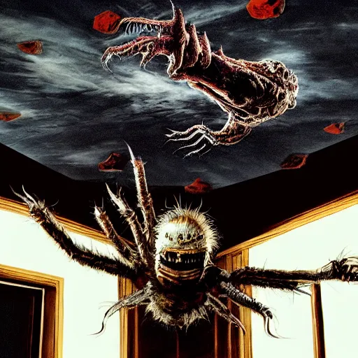 Image similar to picture of bedroom ceiling with spider monster elon musk crawling on ceiling, horror, cryptid, monster, horror, black, dark, horror,