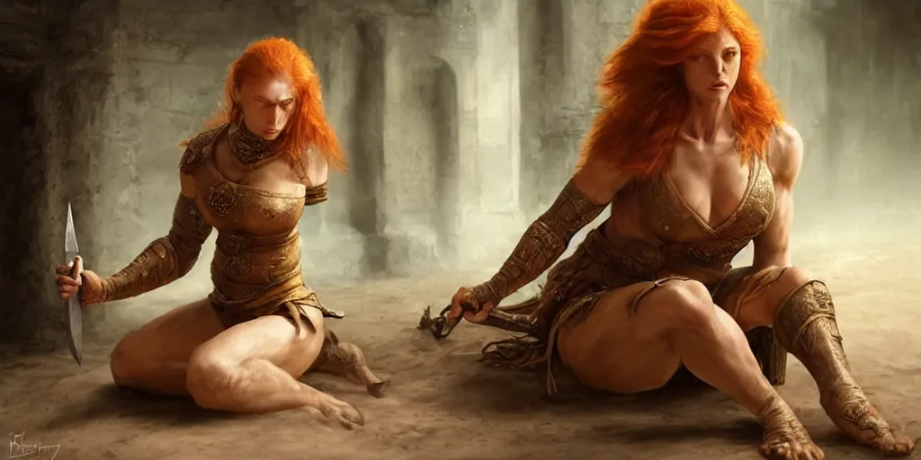 Image similar to ginger woman with problems, sitting and drinking in an ancien tavern and playing with a knife, attractive, warrior, strong body, action pose, ancient, sand, emerald, intricate, highly detailed, digital painting, artstation, concept art, smooth, sharp focus, illustration, Unreal Engine 5, 8K, art by artgerm and greg rutkowski and alphonse mucha