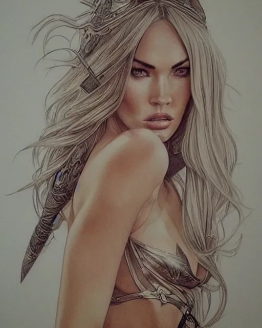 Image similar to pencil drawing of beautiful megan fox as greek goddess aphrodite, archer warrior, sagittarius tattoo, beautiful piercing eyes, flowing blonde hair, realistic face, hyper realistic, in the style of greg rutkowski, fantasy, amazing detail, epic, intricate, elegant, smooth, sharp focus