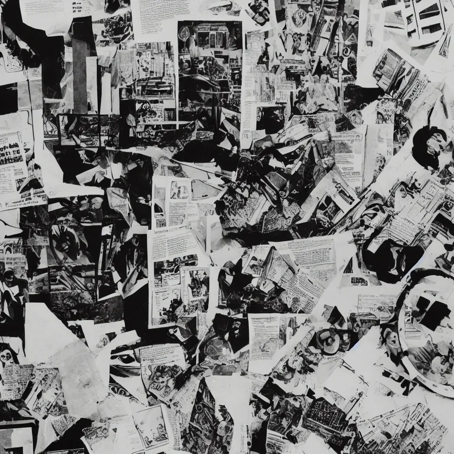 Prompt: A black and white photography of an exhibition space with objects of Sun Ra, Marcel Duchamp and tropical plants, 60s, offset lithography print, newspaper, detail