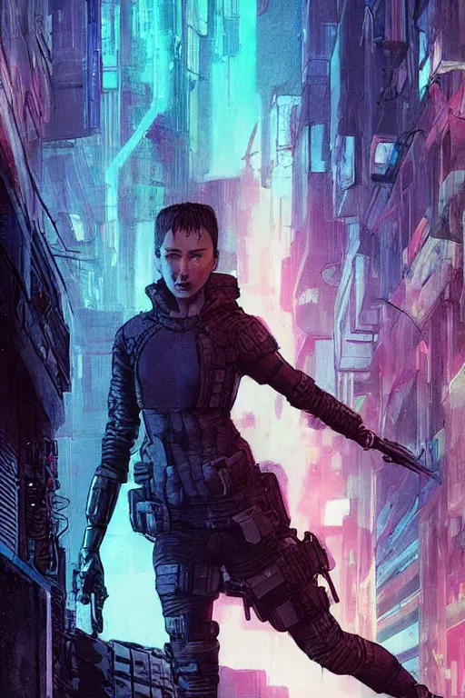 Prompt: Sonya. Deadly blackops mercenary. cyberpunk. Blade Runner 2049. concept art by James Gurney and Mœbius.