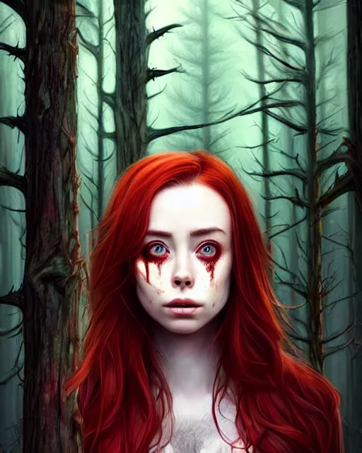 Image similar to surrounded by trees, realistic character concept, gorgeous Kacey Rohl, red hair, small freckles, Wendigo antlers, symmetrical face, symmetrical eyes, full body, covered in blood, dark forest, trees, shorter neck, cinematic lighting, Joshua Middleton and artgerm, fear anxiety terror