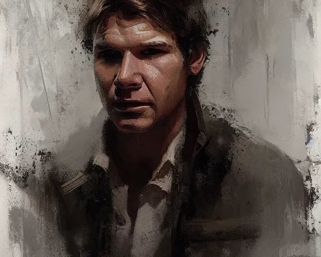 Image similar to portrait of young han solo young harrison ford in shades of grey but with brown by jeremy mann