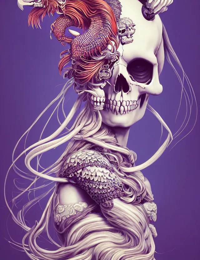 Image similar to 3 d goddess skull half - turn portrait with long hair with ram skull. beautiful intricately detailed japanese crow kitsune mask and clasical japanese kimono. betta fish, jellyfish phoenix, bio luminescent, plasma, ice, water, wind, creature, artwork by tooth wu and wlop and beeple and greg rutkowski