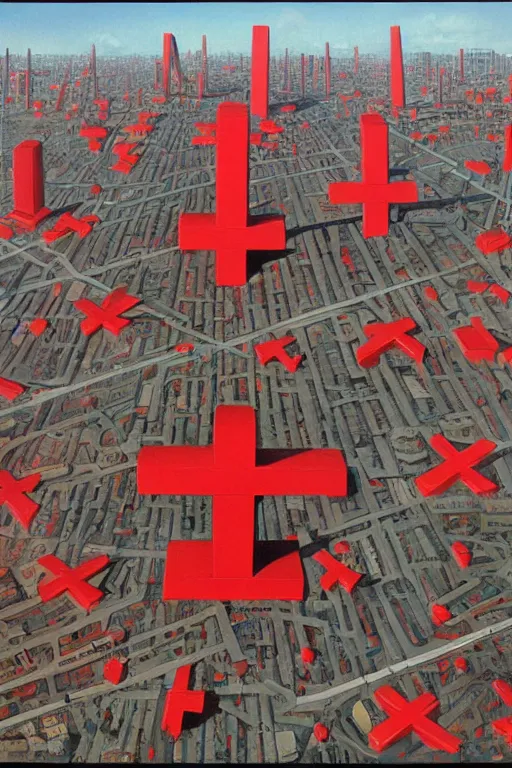 Image similar to Three giant red crosses in the center of a city by Peter Elson