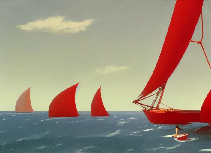 Image similar to woman on a beach, large sailboat with red sails, highly detailed, Edward Hopper and James Gilleard, Zdzislaw Beksinski highly detailed