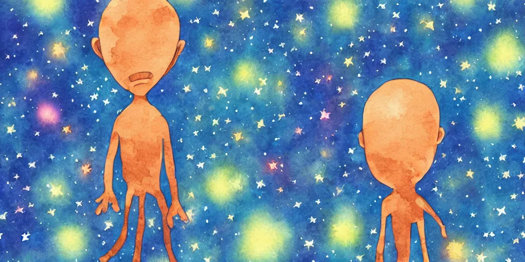 Prompt: a big head alien is watching a small people, background is starry sky, panorama, watercolor painting