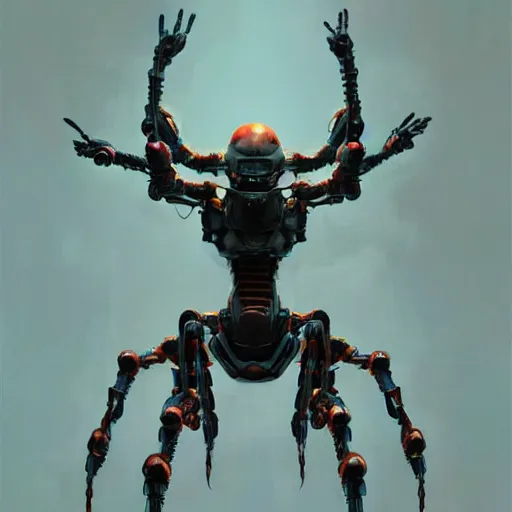 Image similar to character concept art of a multi - legged spider robot, depth of field background, artstation, award - winning realistic sci - fi concept art by jim burns and greg rutkowski, beksinski, a concept art masterpiece, pastel color palette, james gilleard, bruegel, alphonse mucha, and yoshitaka amano.