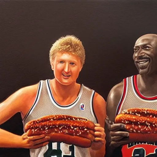 Prompt: portrait of larry bird and michael jordan sharing hotdogs, an oil painting by ross tran and thomas kincade