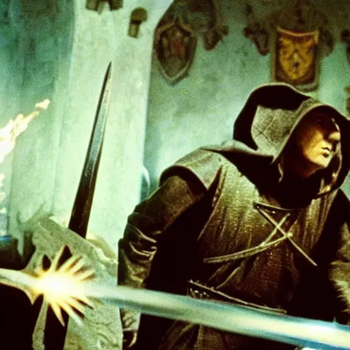 Prompt: a medieval man, with a light blue hood, kicking skeletons with swords, 1 9 9 1, movie still