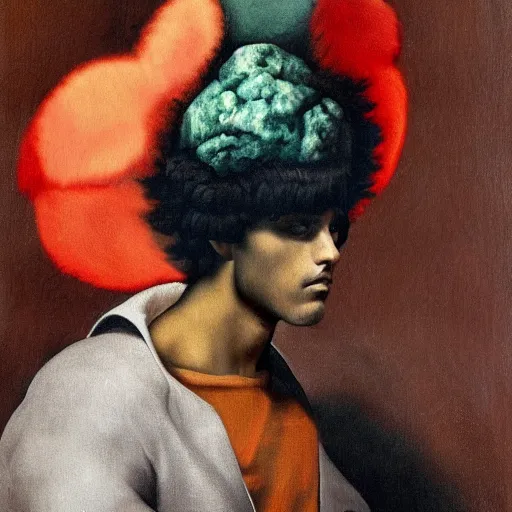 Prompt: a beautiful young mexican male wearing alexander mcqueen, painted by michelangelo