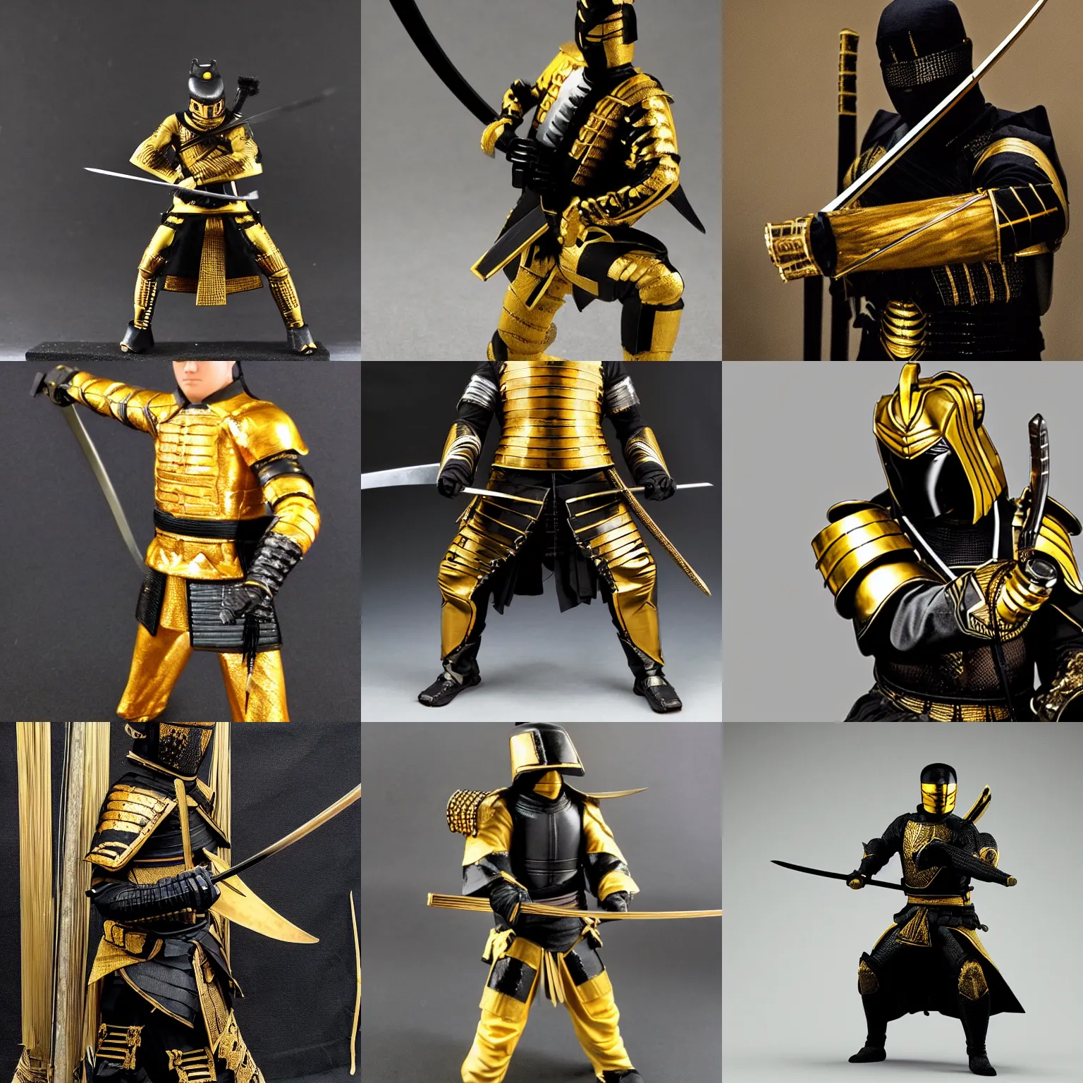 Prompt: a samourai wearing black and gold armor holding an katana - C 25