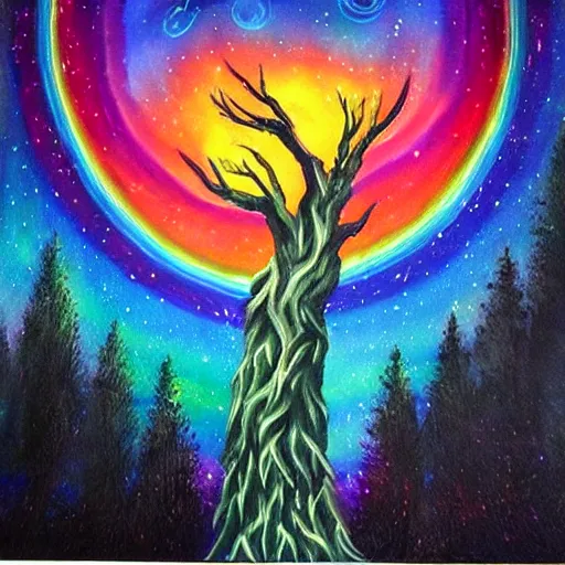 Prompt: the ghost of the world tree radiates rainbow light into the dark cosmos, epic painting