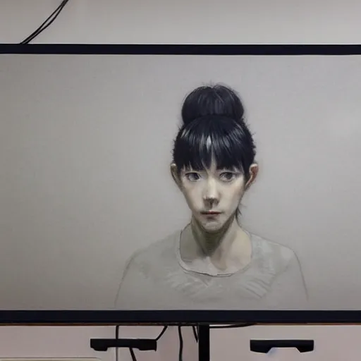 Image similar to portrait of lain iwakura connected to a room full of cables computers and displays by ruan jia and joao ruas. atmospheric