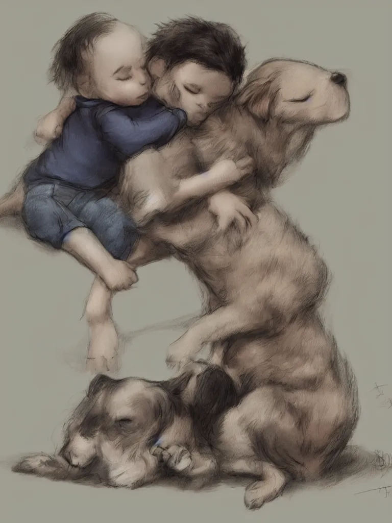 Prompt: boy hugging puppy by disney concept artists, blunt borders, rule of thirds