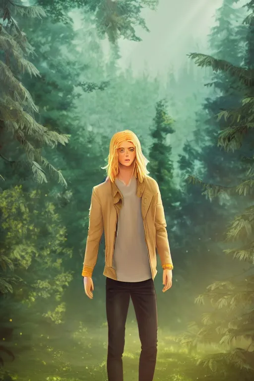 Image similar to pretty young man with long golden blond hair, demure, slender, trees, detailed forest background, webtoon, breathtaking scenery, colourful, 8 k, graphic novel, digital art trending on artstation, volumetric lighting, octane render, cinematic, hyper detailed, magical atmosphere