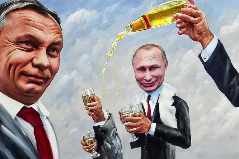 Prompt: viktor orban winking and drinking champagne with putin in front a burning city, hyper realistic painting