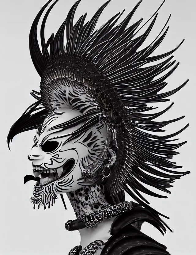 Image similar to 3 d goddess close - up profile simple portrait punk with mohawk with tiger skull. beautiful intricately detailed japanese crow kitsune mask and clasical japanese kimono. betta fish, jellyfish phoenix, bio luminescent, plasma, ice, water, wind, creature, artwork by tooth wu and wlop and beeple and greg rutkowski