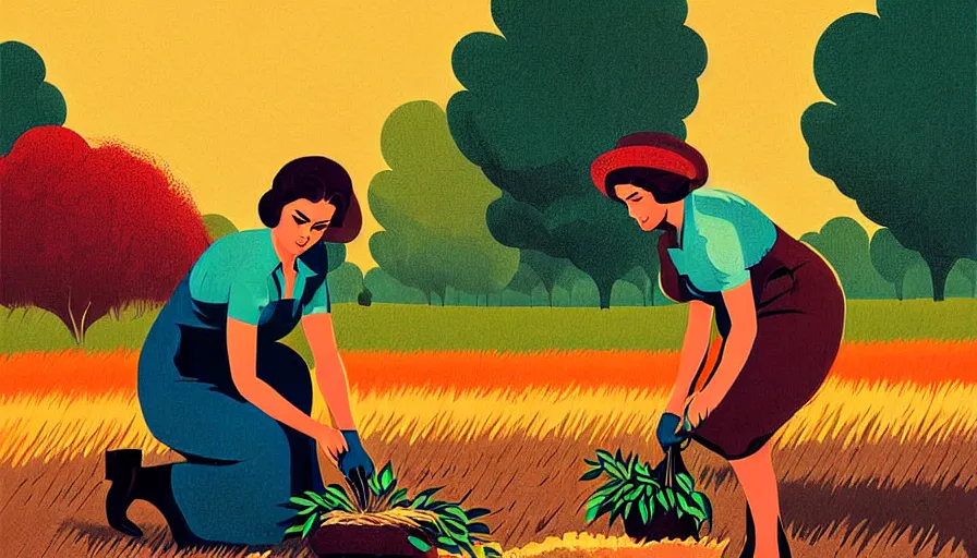 Prompt: farmer woman bending down in dress planting a seed in the ground, limited neutral palette, by petros afshar, anton fadeev, dean ellis, beautiful graphic full body portrait, propaganda poster art 1 9 7 0 s illustrated advertising art, painterly character design