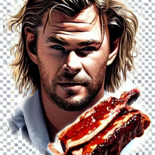 Prompt: Chris Hemsworth eating BBQ Ribs BBQ Sauce stains closeup DD fantasy intricate elegant highly detailed digital painting artstation concept art