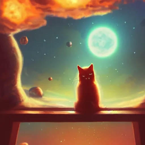 Image similar to cat sitting on a bench watching a black hole in the sky during day, highly detailed, warm colors, artstation, concept art, sharp focus, illustration, octane render, award winning, masterpiece, art by studio 4