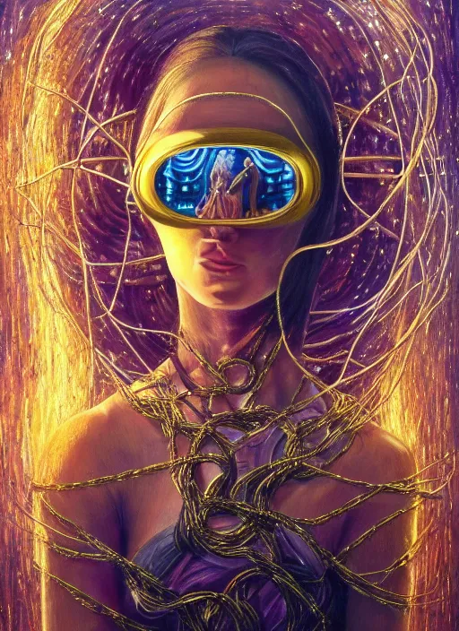 Prompt: oil painting of android woman immersed in the mystical tree, druid goddess, retro futurism, renaissance painting, baroque, golden body, steampunk, golden jewellery, shining crystals, cords and wires, vr googles, filigree, biomechanics, cinematic light, 8 k