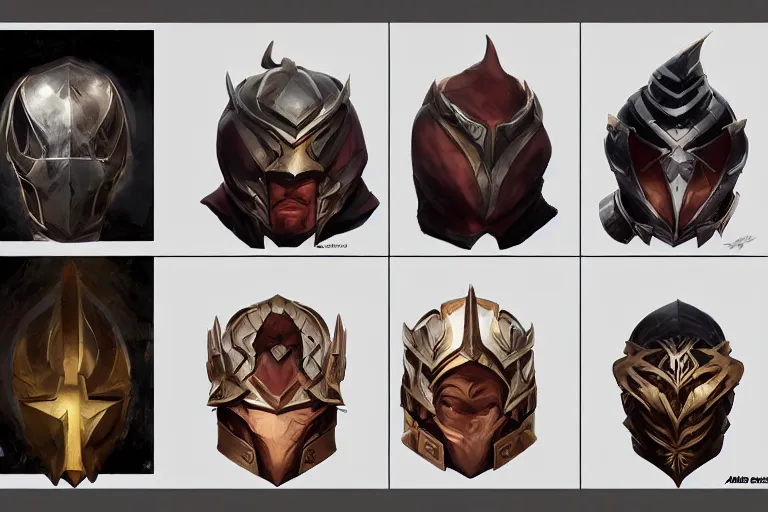 Image similar to 2x2 item concept art grid of legendary artifact loot headgear by artgerm and Craig Mullins, James Jean, Andrey Ryabovichev, Mark Simonetti and Peter Morbacher 16k
