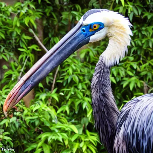 Image similar to shoebill stork and velociraptor hybrid animal, sharp beak, real photo, taken in zoo,