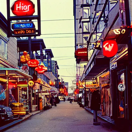 Prompt: award winning photo by fred herzog of a street in vancouver, shops, signs