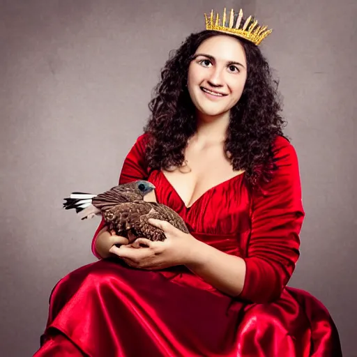 Prompt: a realistic portrait photo of a young woman in a red dress wearing a golden tiara and holding a falcon