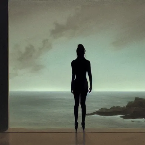 Image similar to silhouette of a Elle Fanning gazing at the ocean, pitch black room, extremely detailed realist masterpiece, oil on canvas, low-key neon lighting, artstation, Blade Runner 2049, Roger Deakin’s cinematography, by Stephen Bauman,