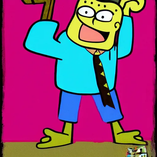 Image similar to patrick from spongebob squarepants holding a hammer, intricate abstract, cartoon