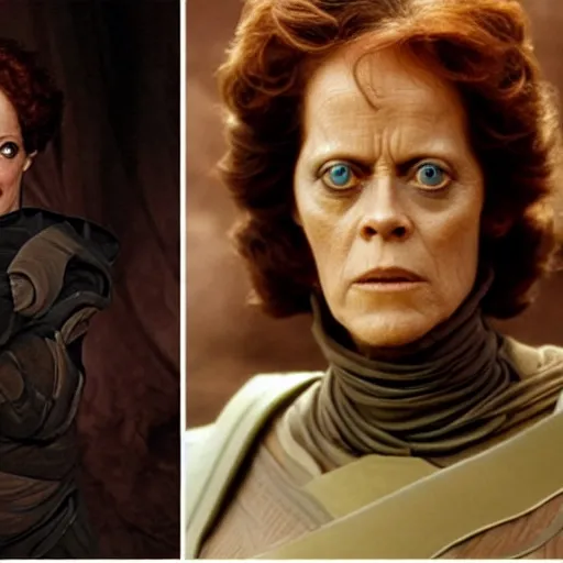 Image similar to Sigourney Weaver as a Fremen in Dune, realistic, detailed