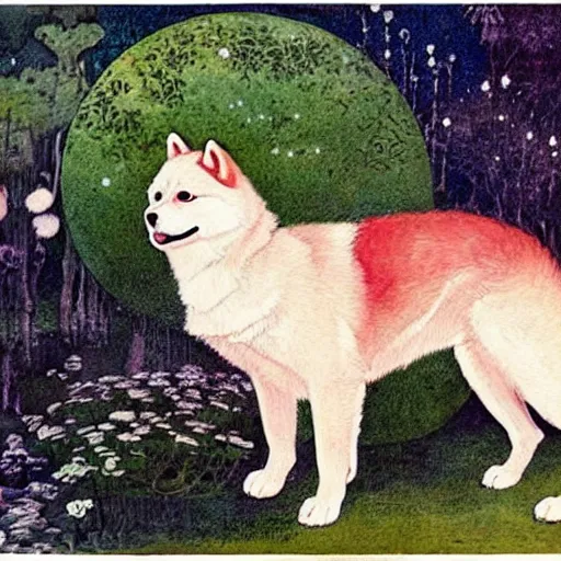 Image similar to a red akita inu in a moonlit palace garden, by warwick goble and kay nielsen