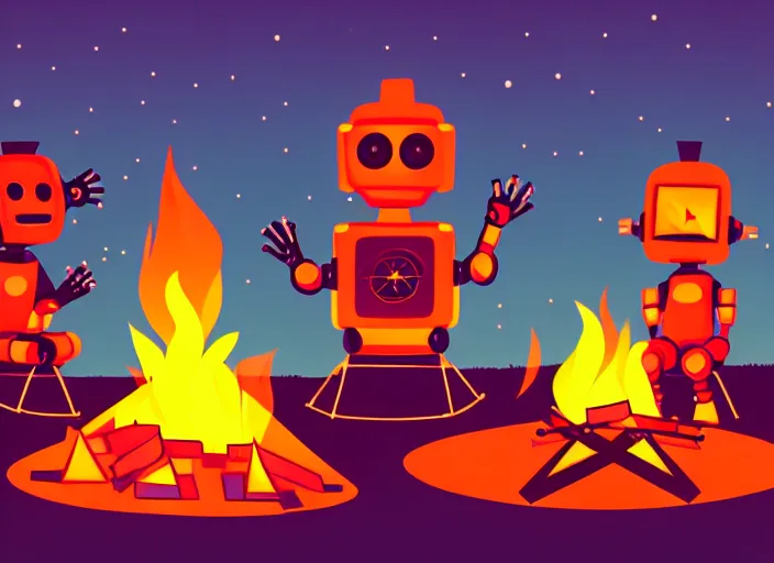 Image similar to 3 artistic robots sitting around a campfire, robots, campfire, chill, campfire song, robots, sitting in a circle