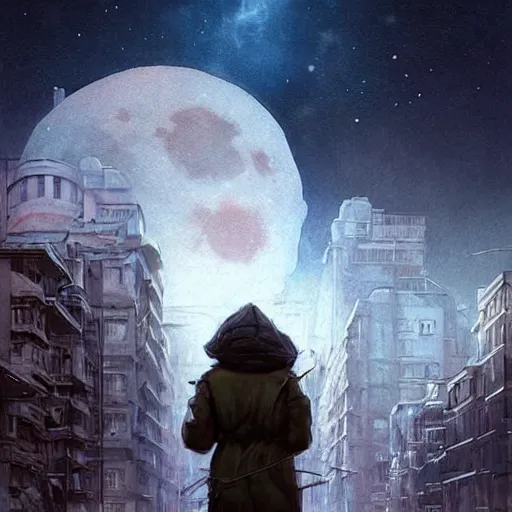 Image similar to It’s crowded on the streets of Russian commie blocks on the Moon city, Norilsk, sci-fi, fantasy, earth seen on the dark sky, intricate, very very beautiful, elegant, highly detailed composition, digital rendering, artstation, concept art, smooth, sharp focus, illustration, art by artgerm and greg rutkowski and alphonse mucha