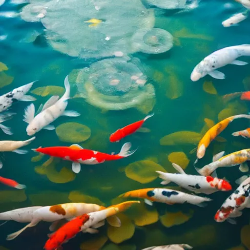 Image similar to view of a koi pond from underwater, sharp focus, sunlight, natural lighting, hd, 8k, enhanced