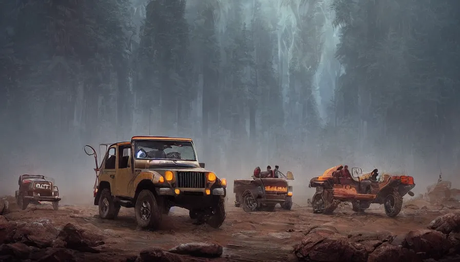 Image similar to Mahindra thar, tribe members watching nearby, an epic fantasy, dramatic lighting, cinematic, establishing shot, extremely high detail, photorealistic, cinematic lighting, artstation, by simon stalenhag, horizon forbidden west