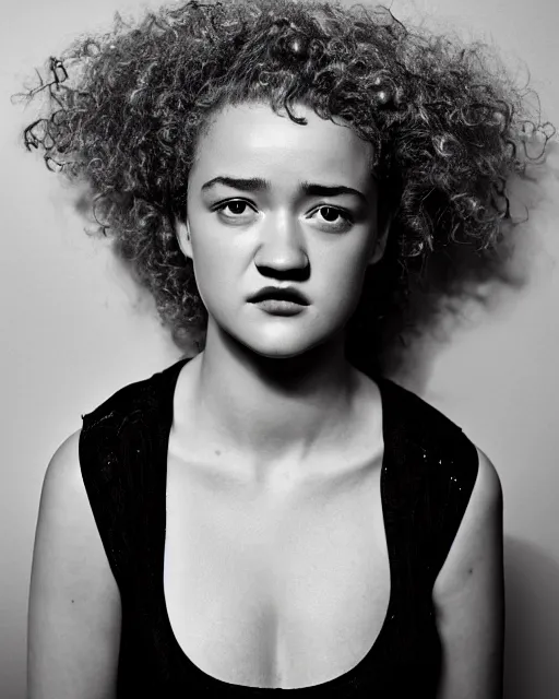 Prompt: julia garner, black hair, beauty, half body portrait, greg kutkowski, sharp details, soft lighting, subsurface scattering, pearls of sweat, glistening skin, warm lighting