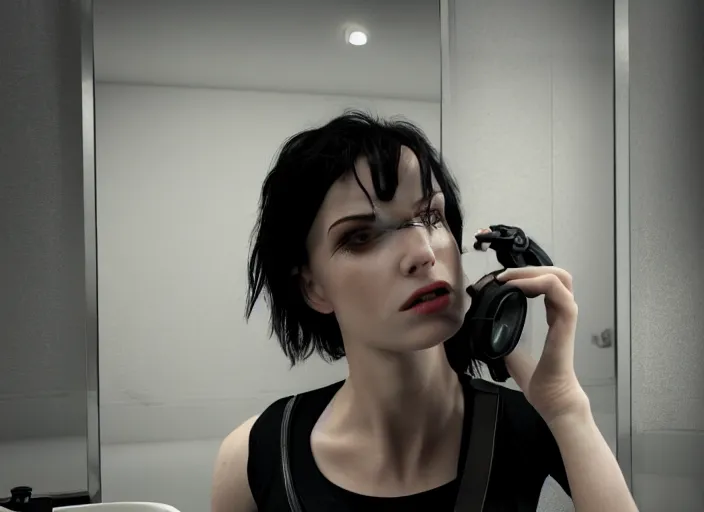 Prompt: octane render photographic portrait by quentin tarantino of a beautiful feminine man wearing black techwear and light makeup looking in a broken bathroom mirror, old new york apartment, full shot, retrofuturism cinematic, 8 k, hd, high resolution, ultra realistic faces, photorealistic, intricate detail, trending on artstation, digital painting, clockwork orange