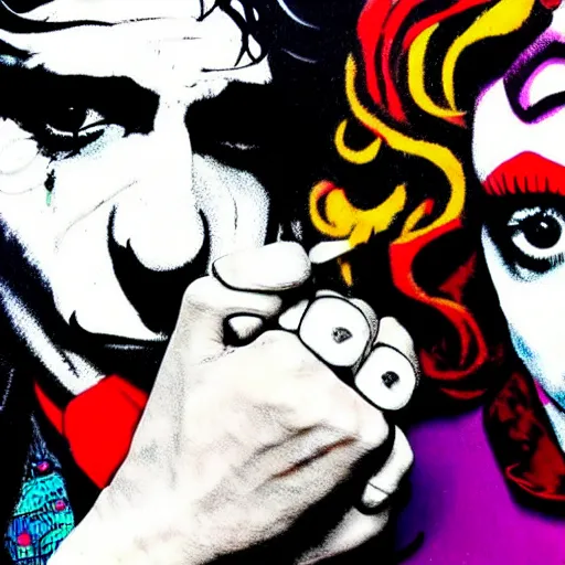 Image similar to mimmo rottela and banksy as joaquin phoenix skinny joker holding hand lady gaga harley queen, ultra photorealistic, intricate details, pop art style, concept art, 3 colors, 4 d, smooth, sharp focus