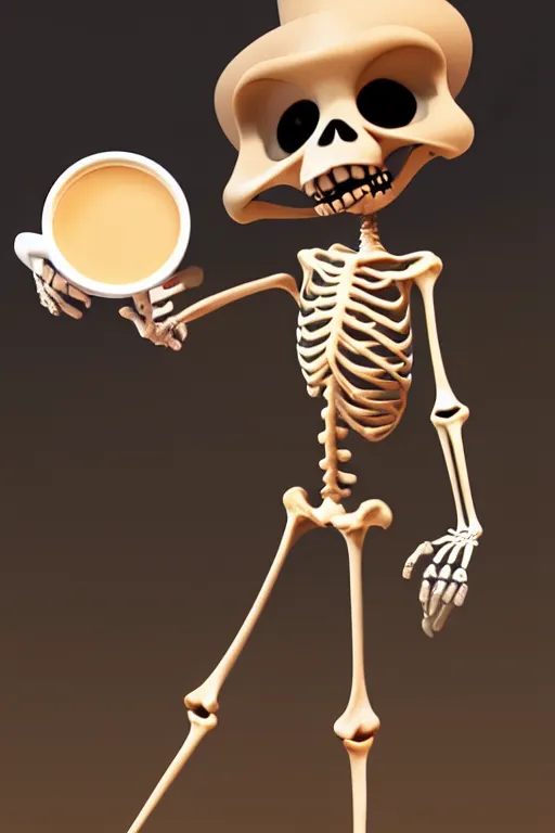 Prompt: a funny skeleton character holding a cup of coffee on a cemetery. pixar disney 4 k 3 d render funny animation movie oscar winning trending on artstation and behance. ratatouille style.