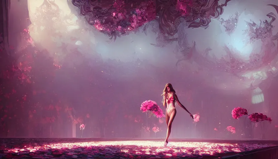 Image similar to victoria secret runway show, light, shadows, reflections, flowers, epic composition, intricate, elegant, volumetric lighting, digital painting, highly detailed, artstation, sharp focus, illustration, concept art, ruan jia, steve mccurry, artgerm and mina petrovic and timothy kong and marina federovna