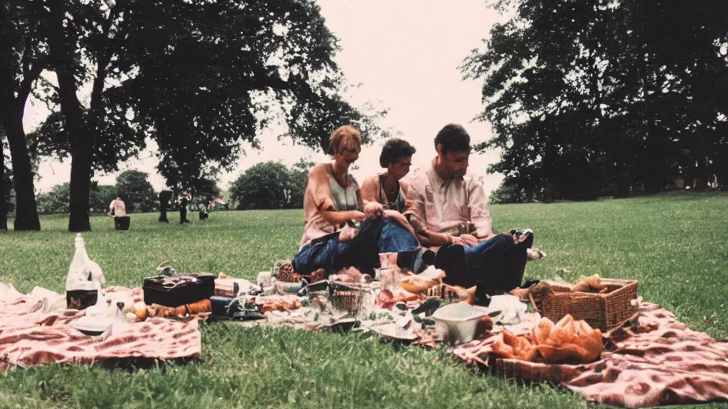 Image similar to climate change catastrophe, as seen by a couple having picnic in the park, 35mm