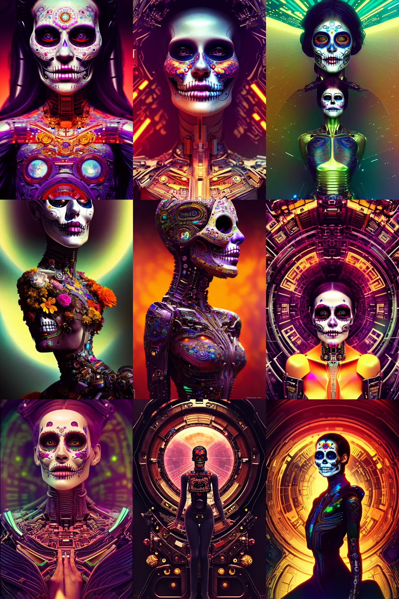 Prompt: beautiful ecstatic android! woman. cinestill, blade runner, photorealistic, interstellar, intricate detailed environment. ( el dia los muertos ), 8 k, hd. photo by terry o'neil and artgerm and pollock and greg rutkowski and alphonse mucha and loish and wlop