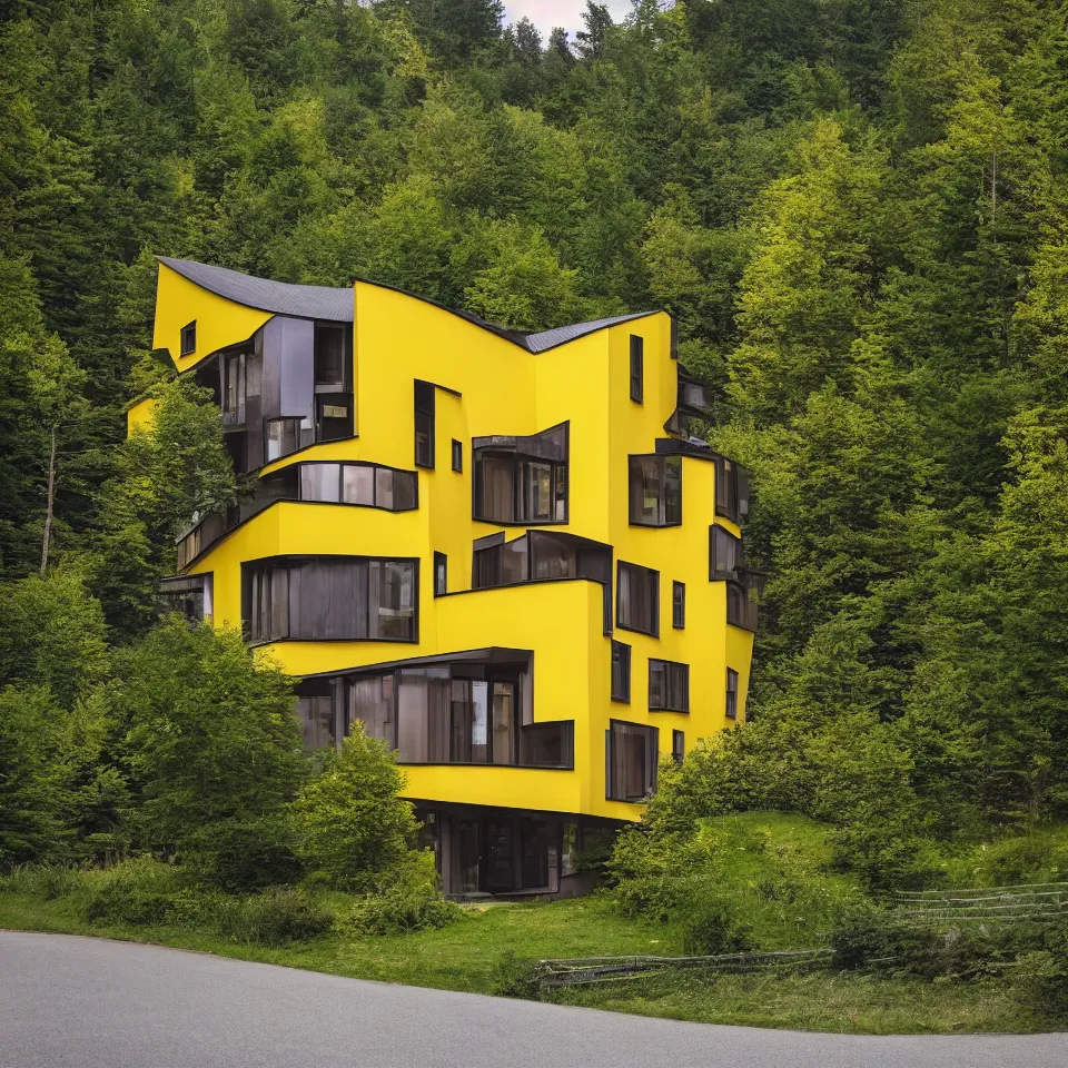 Image similar to a flat horizontal house in the black forest, designed by Frank Gehry. Big tiles. Small wooden pathway . Film grain, cinematic, yellow hue