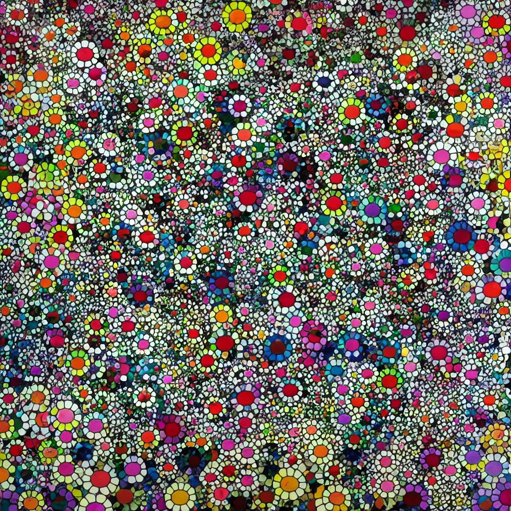 Prompt: camouflage made of flowers, style of takashi murakami, abstract, rei kawakubo artwork, cryptic, dots, stipple, lines, splotch, color tearing, pitch bending, color splotches, dark, ominous, eerie, minimal, points, technical, old painting