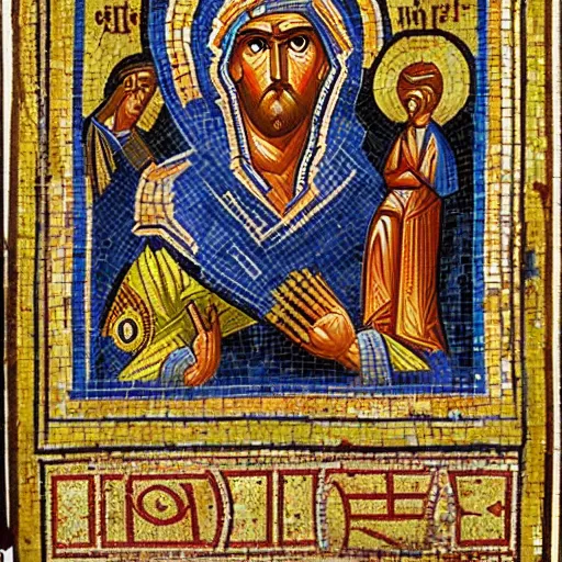 Image similar to Zelenskii, orthodox iconography, mosaic, 14th century