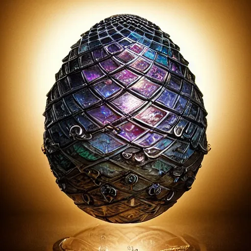 Image similar to daenerys dragon egg inspired, jewel encrusted Fabergé egg and Hans ruedy giger, hyperrealism, detailed, luxury, high definition, ultradetailed,